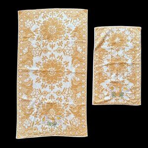 Vintage Martex Embroidered Floral Yellow & White Bath/Hand Towel Set